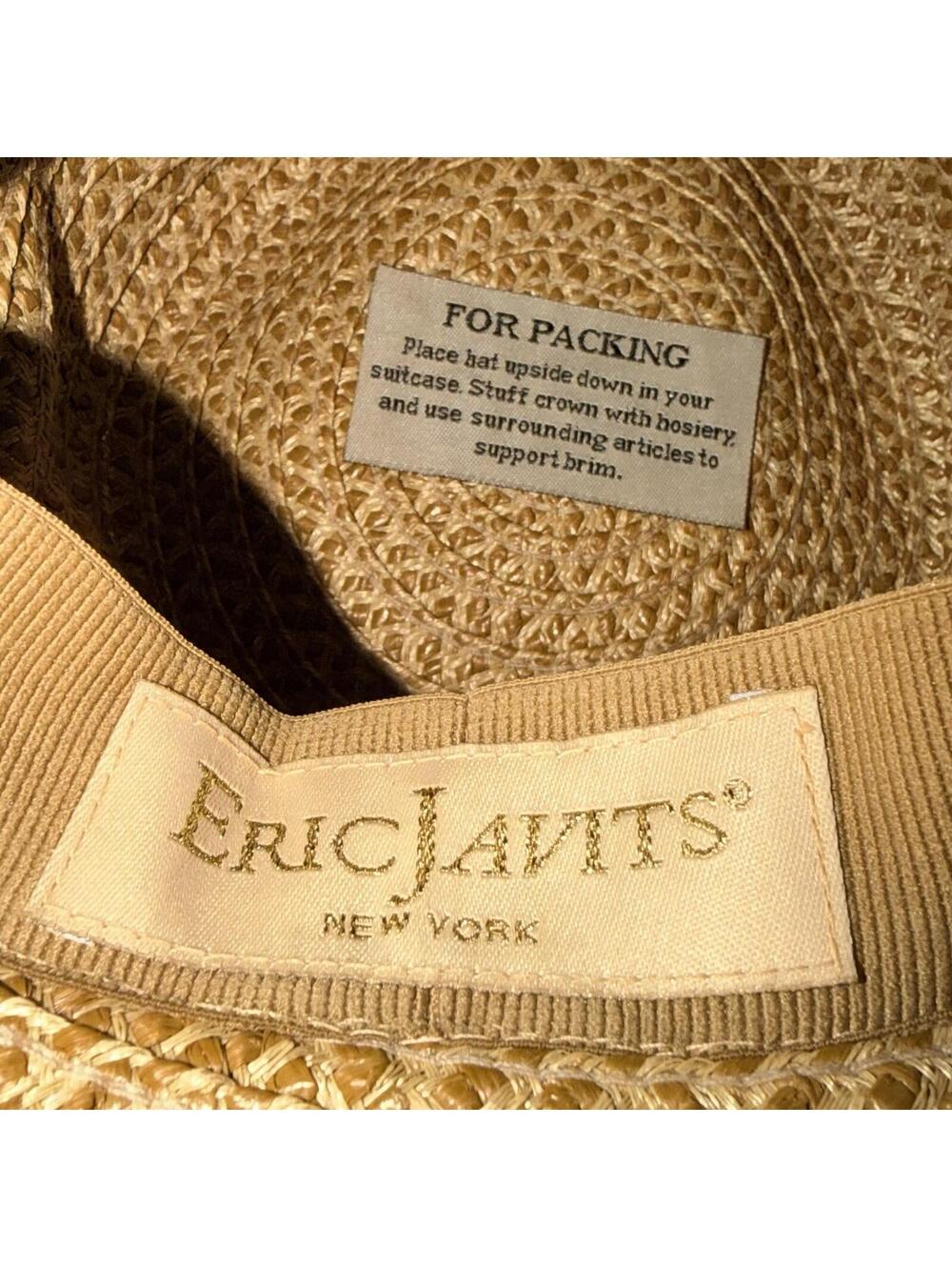 Eric Javits Woven Raffia Straw Hat UPF 50+ Packable Squishee Bucket Beige Blue - Picture 3 of 8